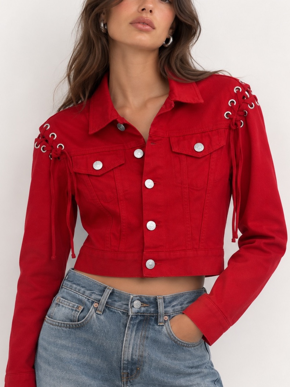 Sandro Paris Red Lace-Up Cropped Denim Jacket (FR 36/ US 4)